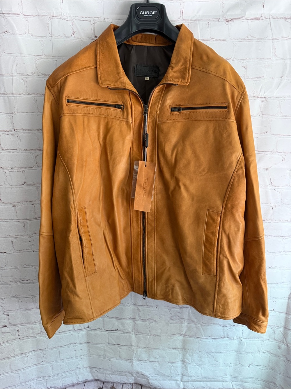 Italian Leather Leather Bomber Zip Up Jacket by CURGÉ in Cognac Mens Size M NWT
